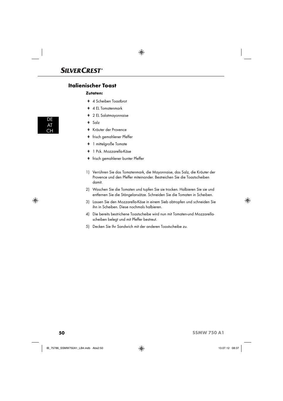 Italienischer toast, De at ch | Silvercrest SSMW 750 A1 User Manual | Page 52 / 56