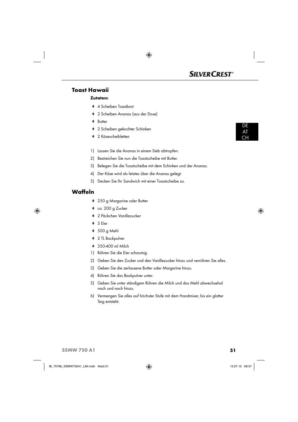 Toast hawaii, Waﬀ eln, De at ch | Silvercrest SSMW 750 A1 User Manual | Page 53 / 56