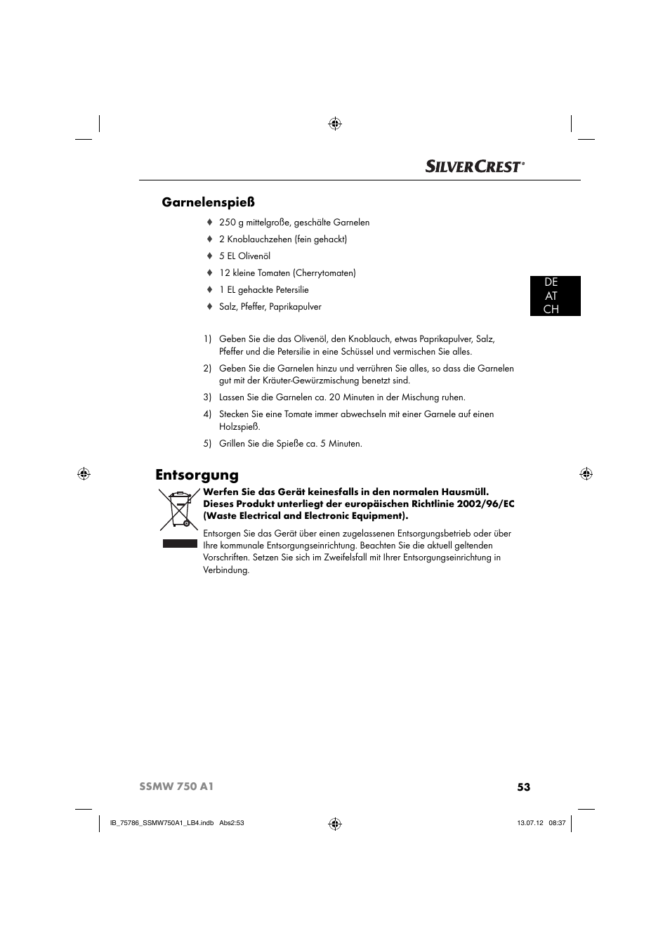 Entsorgung, Garnelenspieß, De at ch | Silvercrest SSMW 750 A1 User Manual | Page 55 / 56