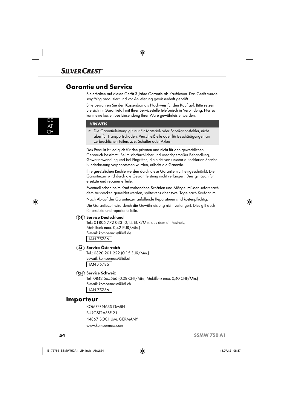 Garantie und service, Importeur, De at ch | Silvercrest SSMW 750 A1 User Manual | Page 56 / 56