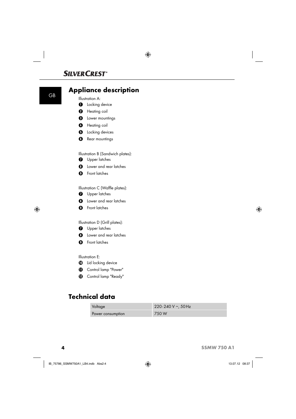 Appliance description, Technical data | Silvercrest SSMW 750 A1 User Manual | Page 6 / 56