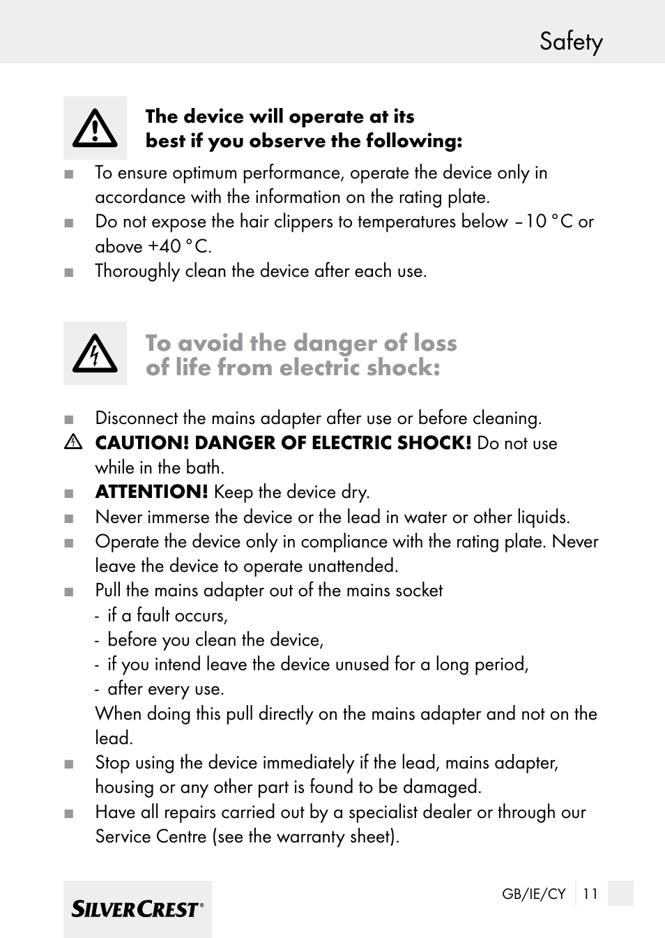Safety | Silvercrest 7133016 User Manual | Page 11 / 25