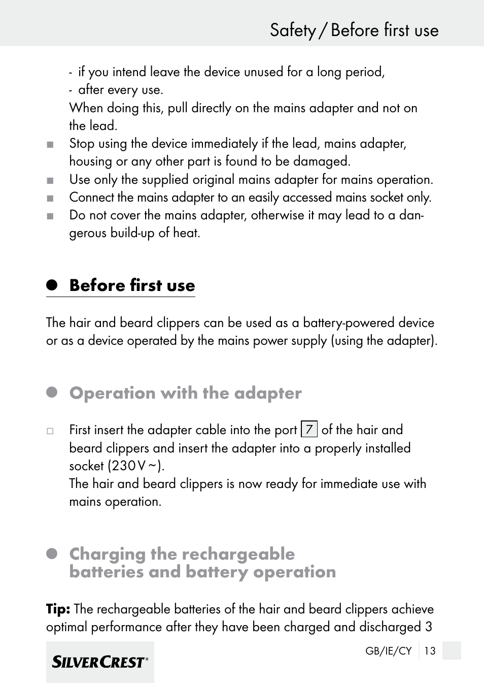 Safety / before first use, Before first use, Operation with the adapter | Silvercrest 7133016 User Manual | Page 13 / 25