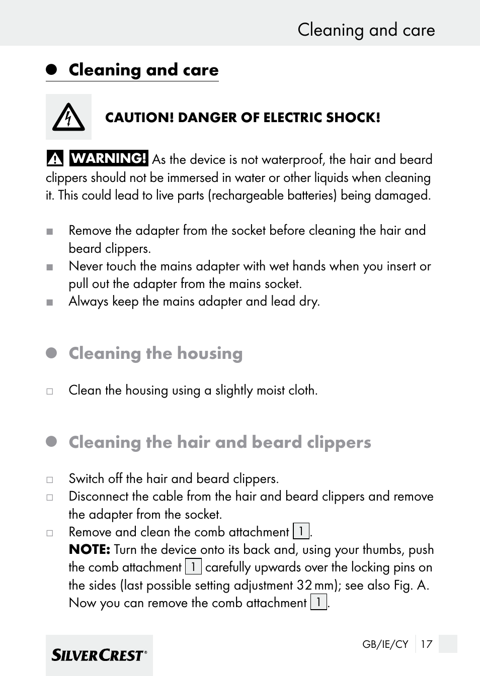 Cleaning and care, Cleaning the housing, Cleaning the hair and beard clippers | Silvercrest 7133016 User Manual | Page 17 / 25