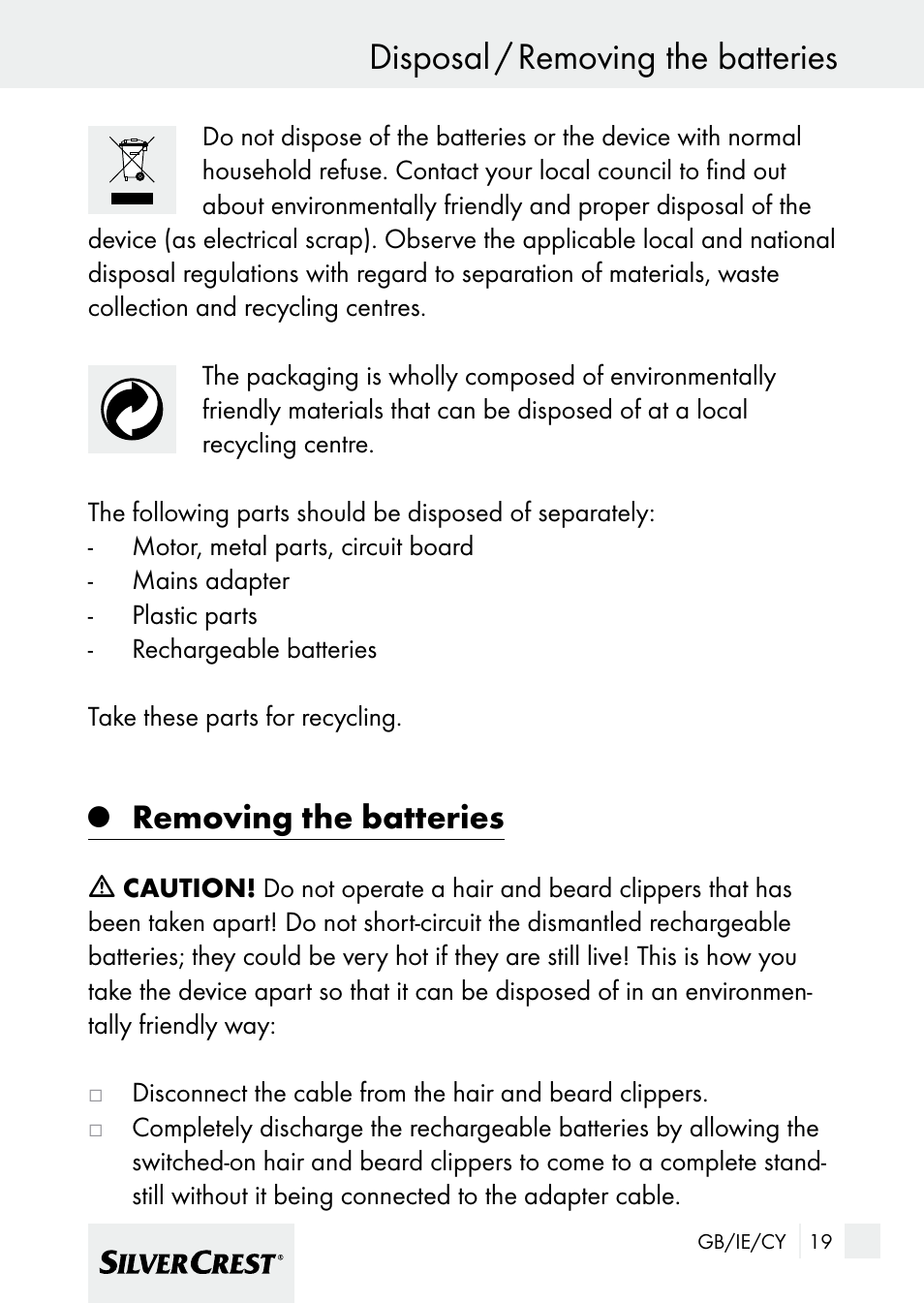 Disposal / removing the batteries, Removing the batteries | Silvercrest 7133016 User Manual | Page 19 / 25