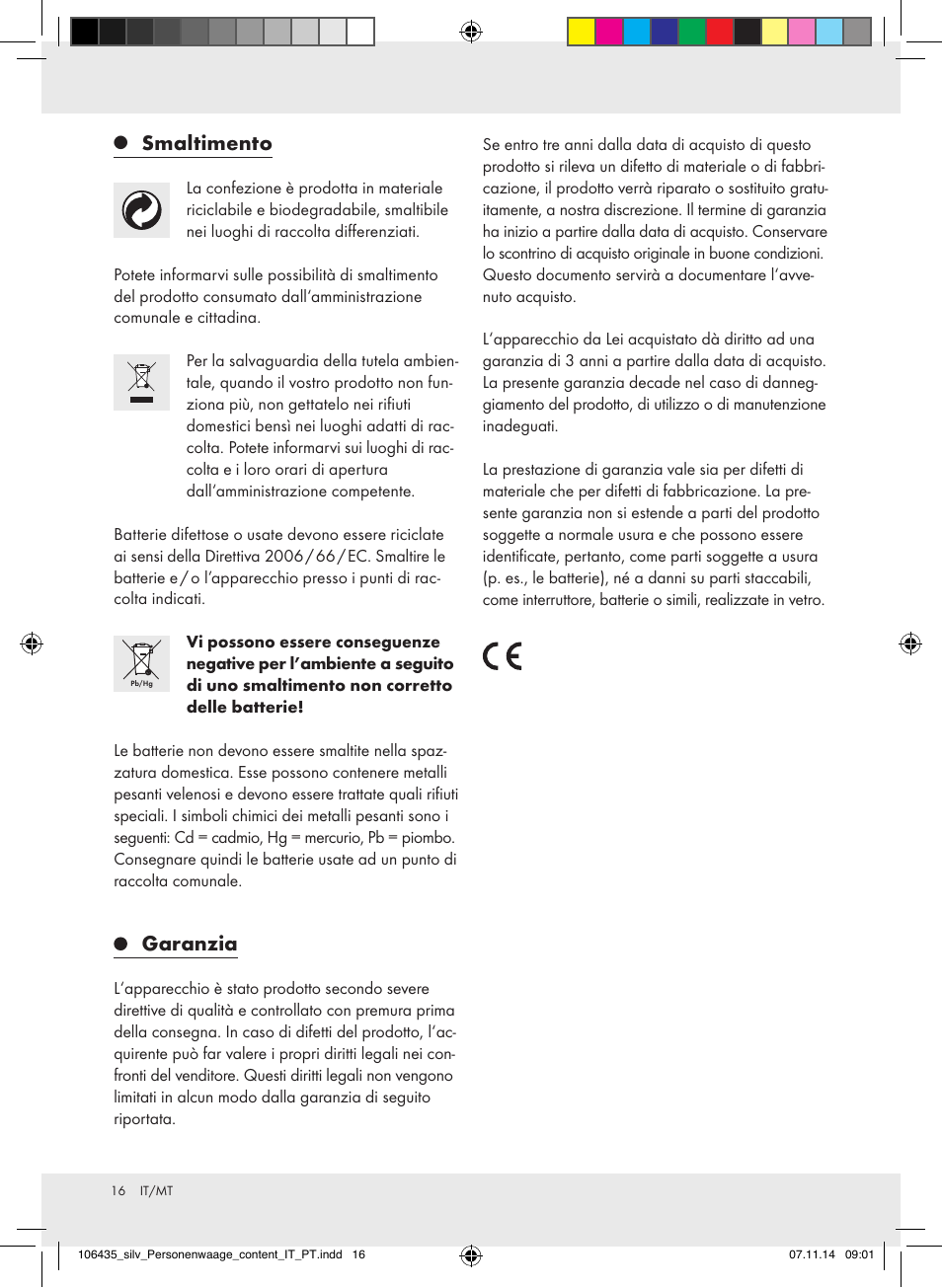 Smaltimento, Garanzia | Silvercrest Z31912/Z31912A User Manual | Page 16 / 35