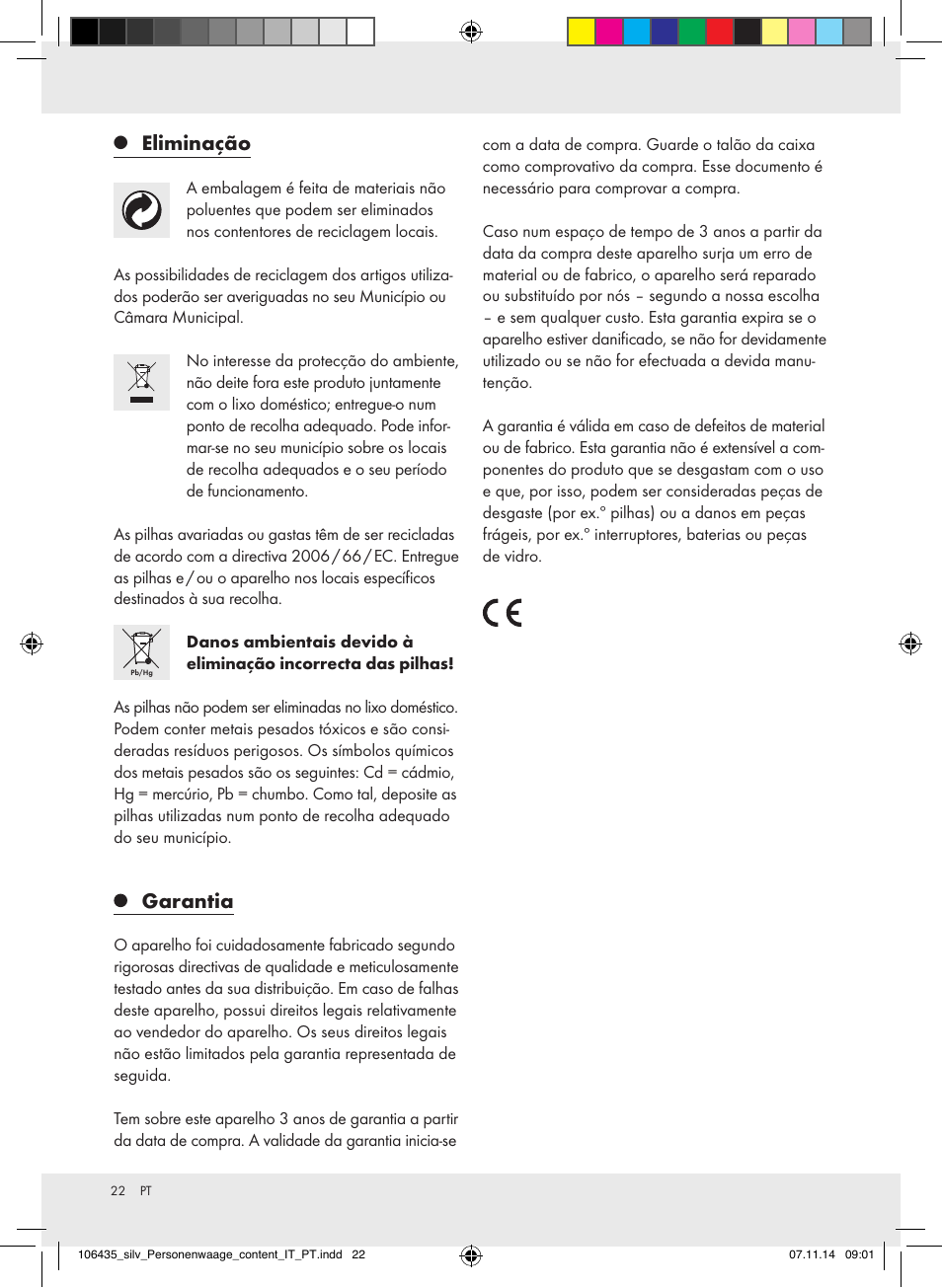 Eliminação, Garantia | Silvercrest Z31912/Z31912A User Manual | Page 22 / 35