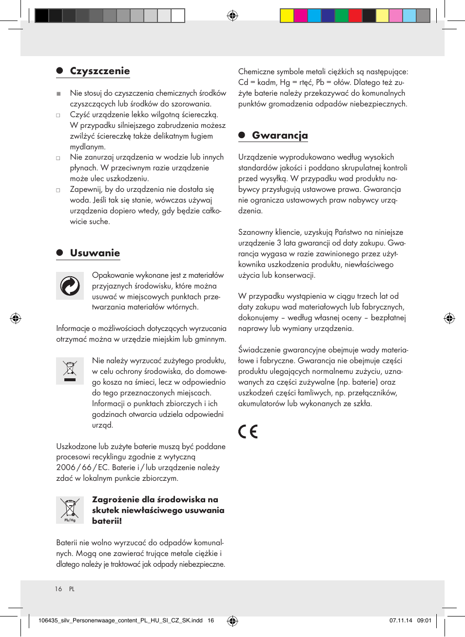 Czyszczenie, Usuwanie, Gwarancja | Silvercrest Z31912/Z31912A User Manual | Page 16 / 47