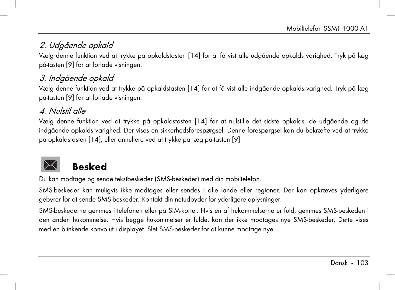 Besked, Udgående opkald, Indgående opkald | Nulstil alle | Silvercrest SSMT 1000 A1 User Manual | Page 105 / 136