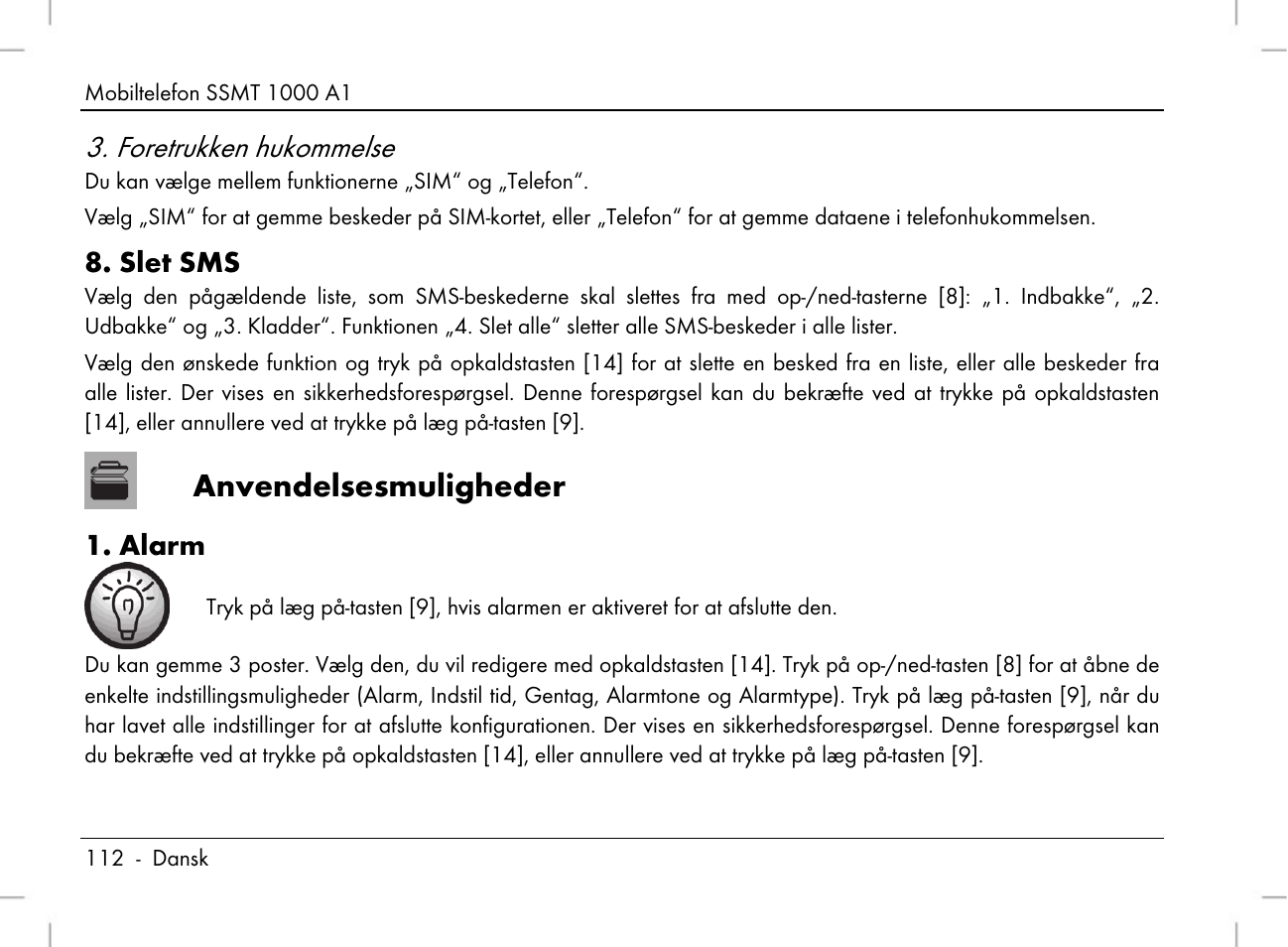 Anvendelsesmuligheder, Foretrukken hukommelse, Slet sms | Alarm | Silvercrest SSMT 1000 A1 User Manual | Page 114 / 136