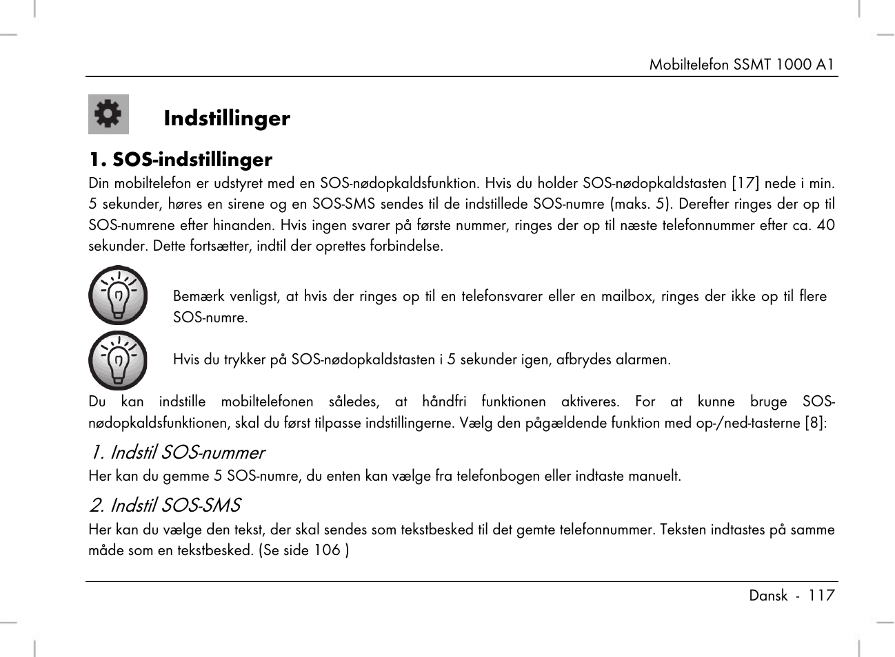 Indstillinger, Indstil sos-nummer, Indstil sos-sms | Sos-indstillinger | Silvercrest SSMT 1000 A1 User Manual | Page 119 / 136