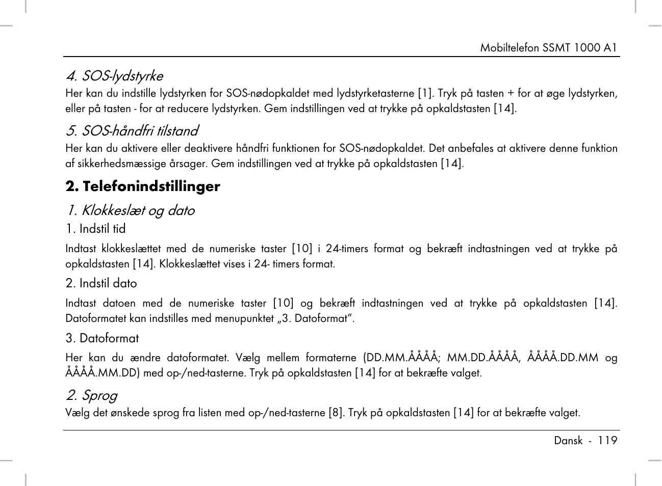 Sos-lydstyrke, Sos-håndfri tilstand, Klokkeslæt og dato | Sprog, Telefonindstillinger | Silvercrest SSMT 1000 A1 User Manual | Page 121 / 136