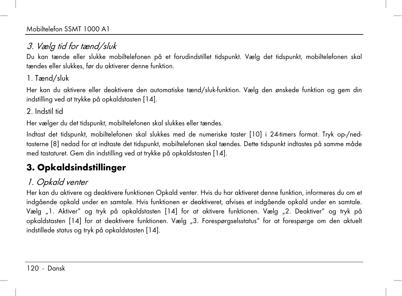 Vælg tid for tænd/sluk, Opkald venter, Opkaldsindstillinger | Silvercrest SSMT 1000 A1 User Manual | Page 122 / 136