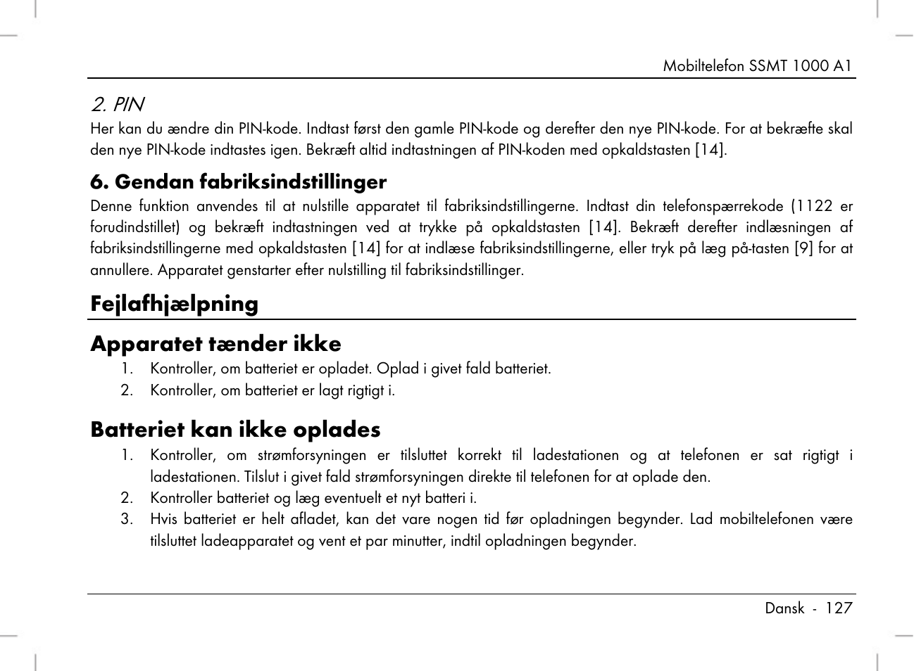 Fejlafhjælpning apparatet tænder ikke, Batteriet kan ikke oplades, Gendan fabriksindstillinger | Silvercrest SSMT 1000 A1 User Manual | Page 129 / 136