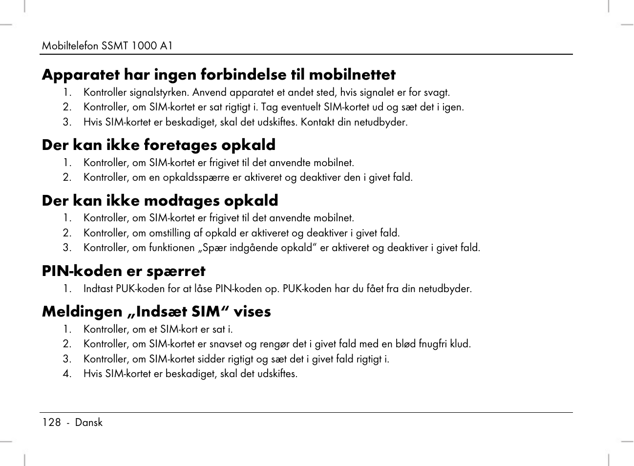 Apparatet har ingen forbindelse til mobilnettet, Der kan ikke foretages opkald, Der kan ikke modtages opkald | Pin-koden er spærret, Meldingen „indsæt sim“ vises | Silvercrest SSMT 1000 A1 User Manual | Page 130 / 136