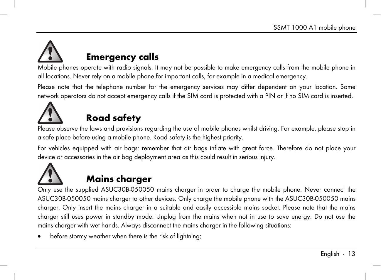 Emergency calls, Road safety, Mains charger | Silvercrest SSMT 1000 A1 User Manual | Page 15 / 136
