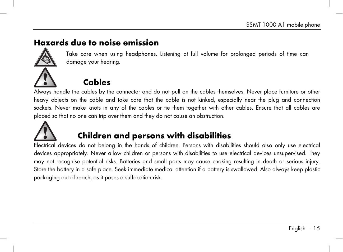 Hazards due to noise emission, Cables, Children and persons with disabilities | Silvercrest SSMT 1000 A1 User Manual | Page 17 / 136