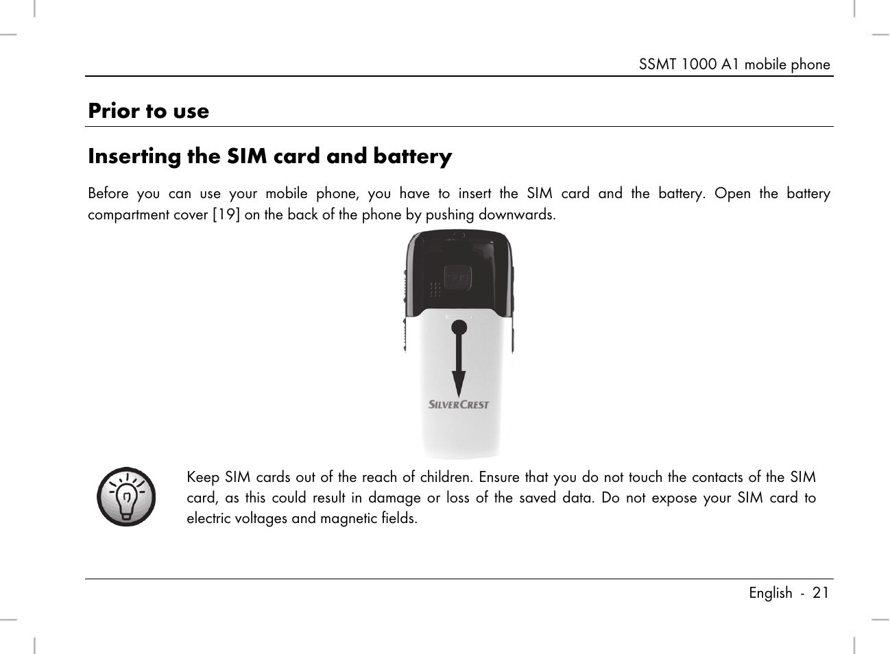Prior to use inserting the sim card and battery | Silvercrest SSMT 1000 A1 User Manual | Page 23 / 136