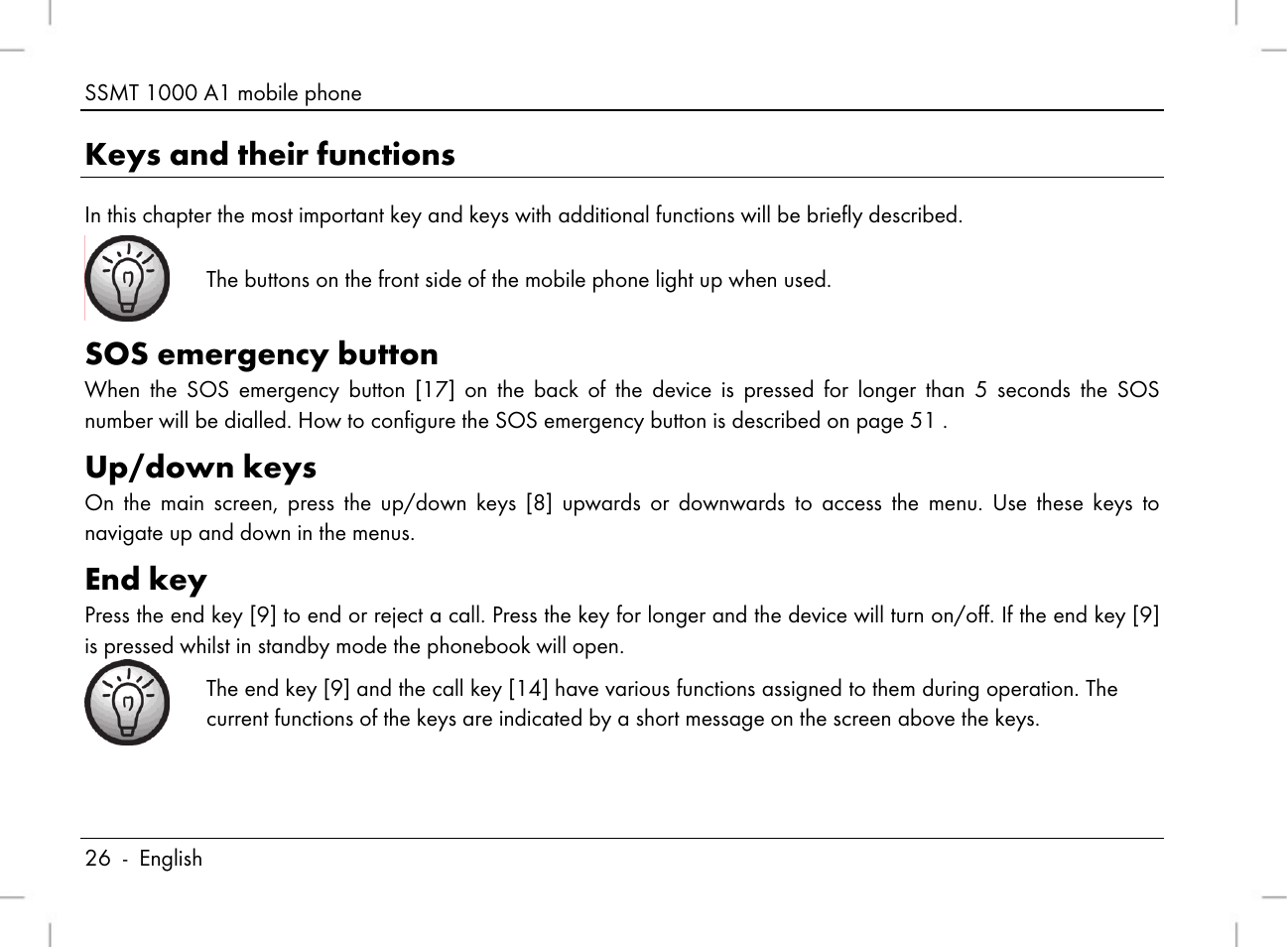 Keys and their functions, Sos emergency button, Up/down keys | End key | Silvercrest SSMT 1000 A1 User Manual | Page 28 / 136