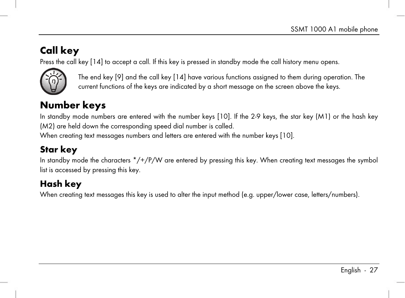 Call key, Number keys, Star key | Hash key | Silvercrest SSMT 1000 A1 User Manual | Page 29 / 136