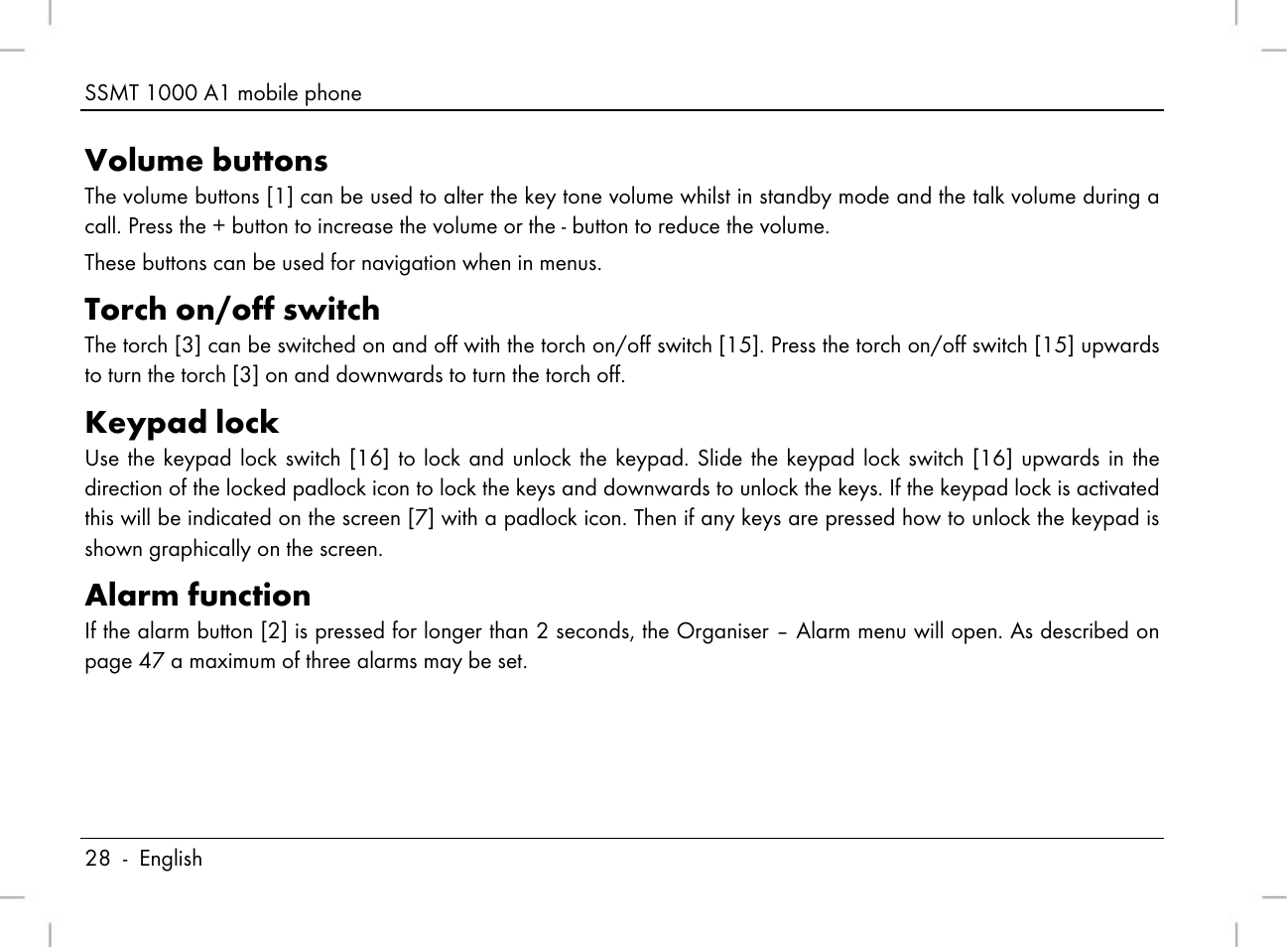 Volume buttons, Torch on/off switch, Keypad lock | Alarm function | Silvercrest SSMT 1000 A1 User Manual | Page 30 / 136