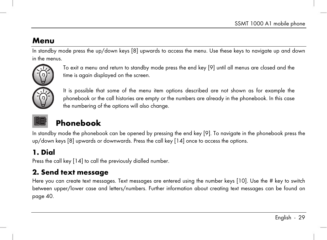 Menu, Phonebook, Dial | Send text message | Silvercrest SSMT 1000 A1 User Manual | Page 31 / 136