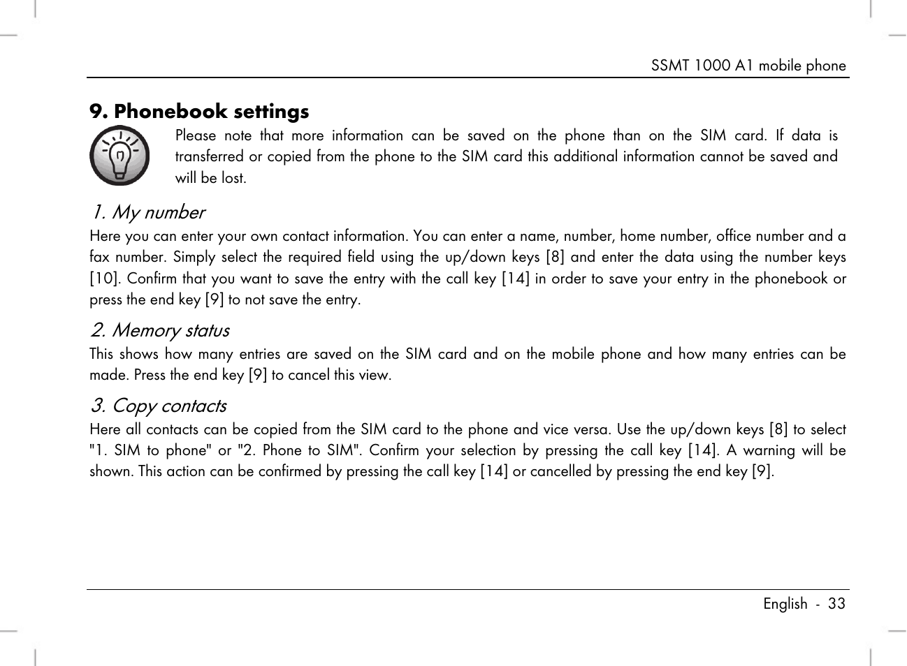 My number, Copy contacts, Phonebook settings | Silvercrest SSMT 1000 A1 User Manual | Page 35 / 136