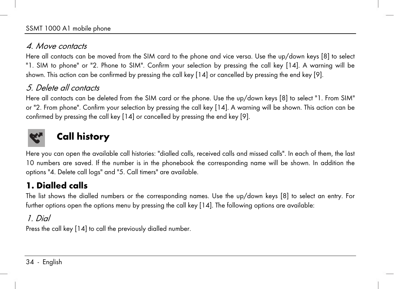 Call history, Move contacts, Delete all contacts | Dial, Dialled calls | Silvercrest SSMT 1000 A1 User Manual | Page 36 / 136