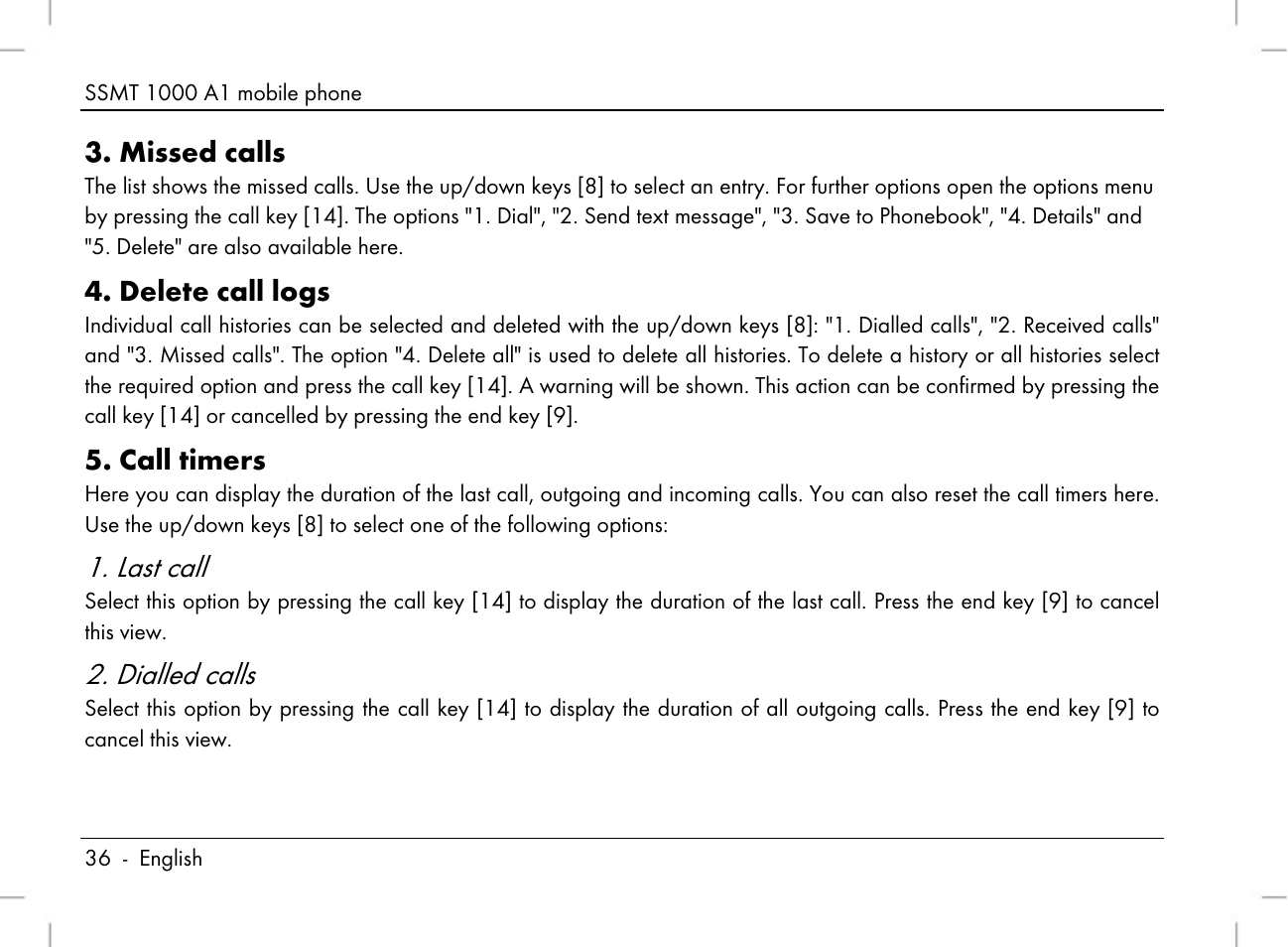 Last call, Dialled calls, Missed calls | Delete call logs, Call timers | Silvercrest SSMT 1000 A1 User Manual | Page 38 / 136