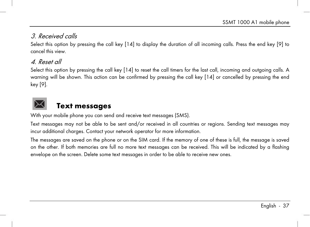 Text messages, Received calls, Reset all | Silvercrest SSMT 1000 A1 User Manual | Page 39 / 136