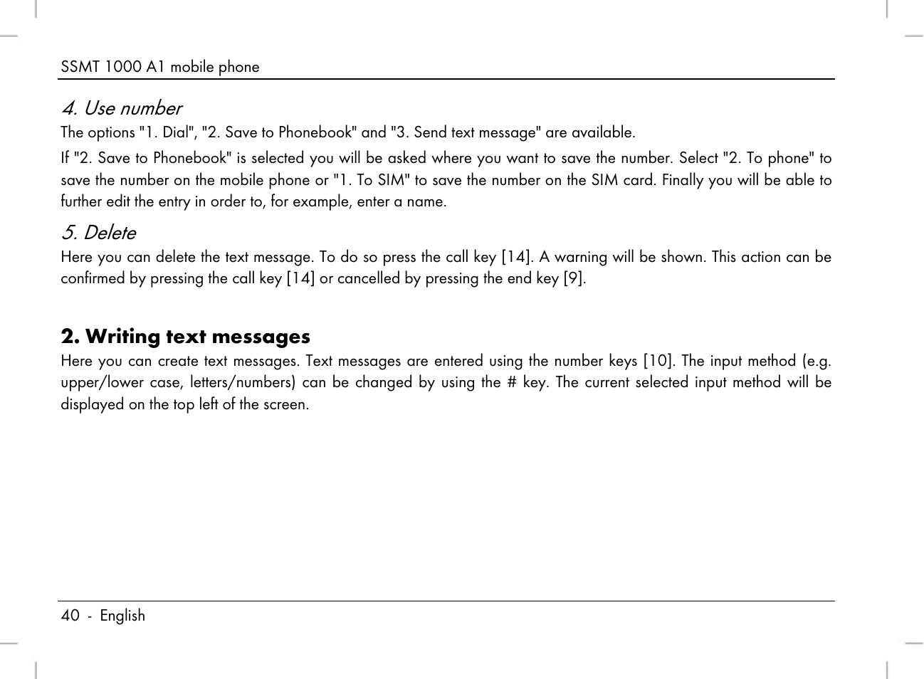 Use number, Delete, Writing text messages | Silvercrest SSMT 1000 A1 User Manual | Page 42 / 136