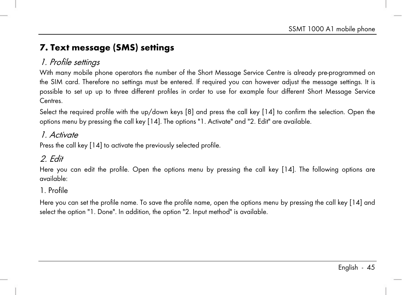 Profile settings, Activate, Edit | Text message (sms) settings | Silvercrest SSMT 1000 A1 User Manual | Page 47 / 136