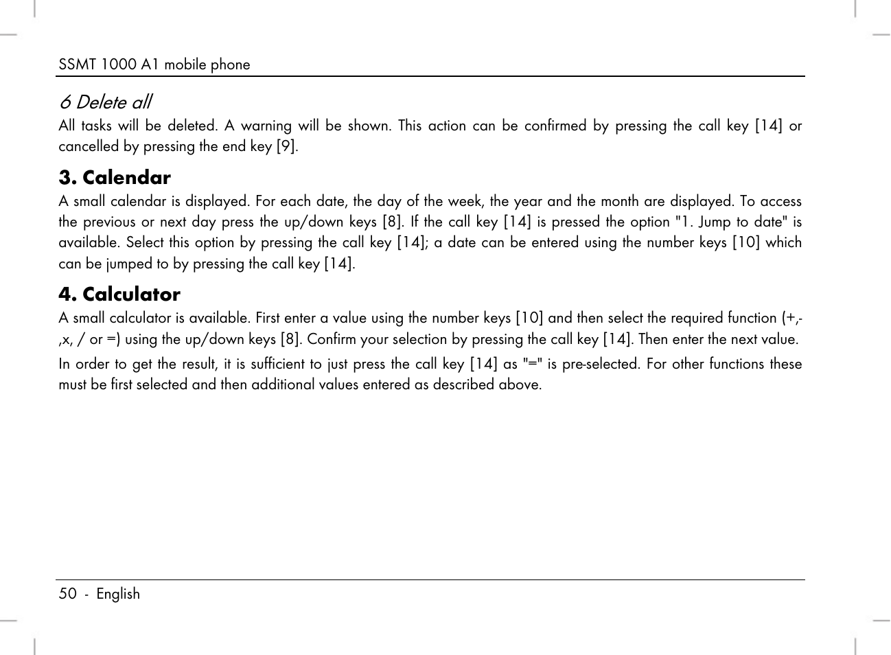 6 delete all, Calendar, Calculator | Silvercrest SSMT 1000 A1 User Manual | Page 52 / 136