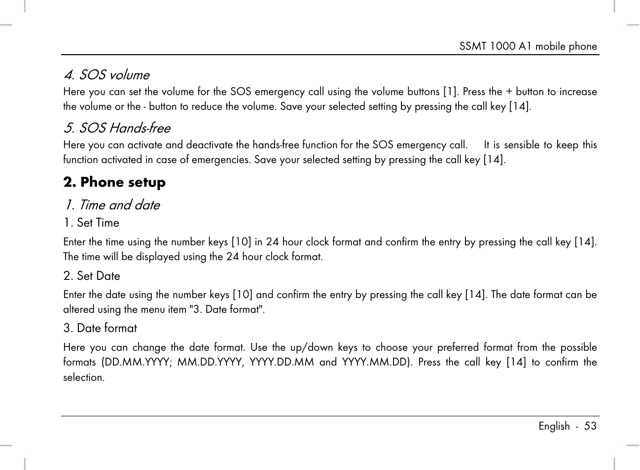 Sos volume, Sos hands-free, Time and date | Phone setup | Silvercrest SSMT 1000 A1 User Manual | Page 55 / 136