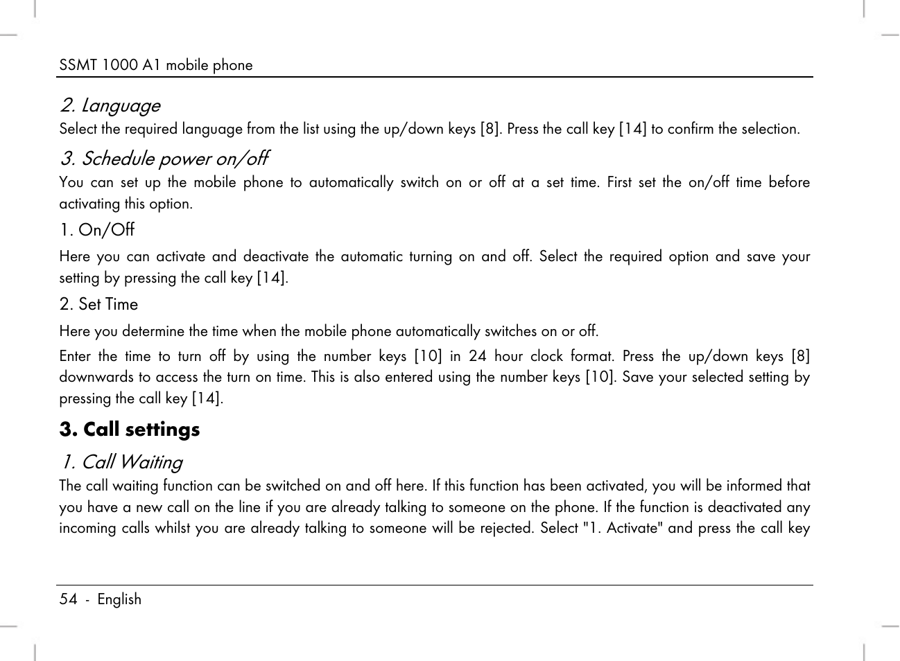 Language, Schedule power on/off, Call waiting | Call settings | Silvercrest SSMT 1000 A1 User Manual | Page 56 / 136