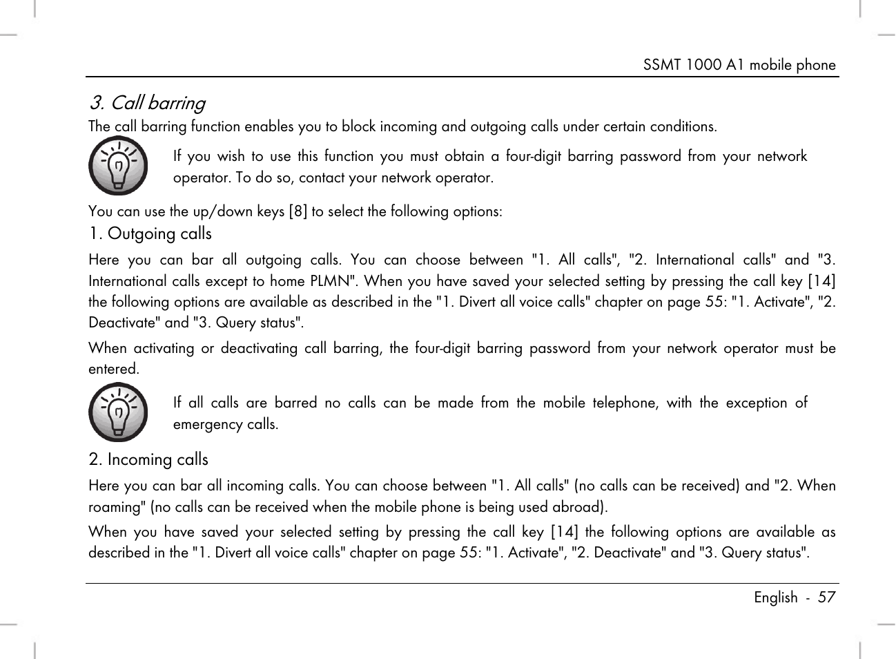 Call barring | Silvercrest SSMT 1000 A1 User Manual | Page 59 / 136