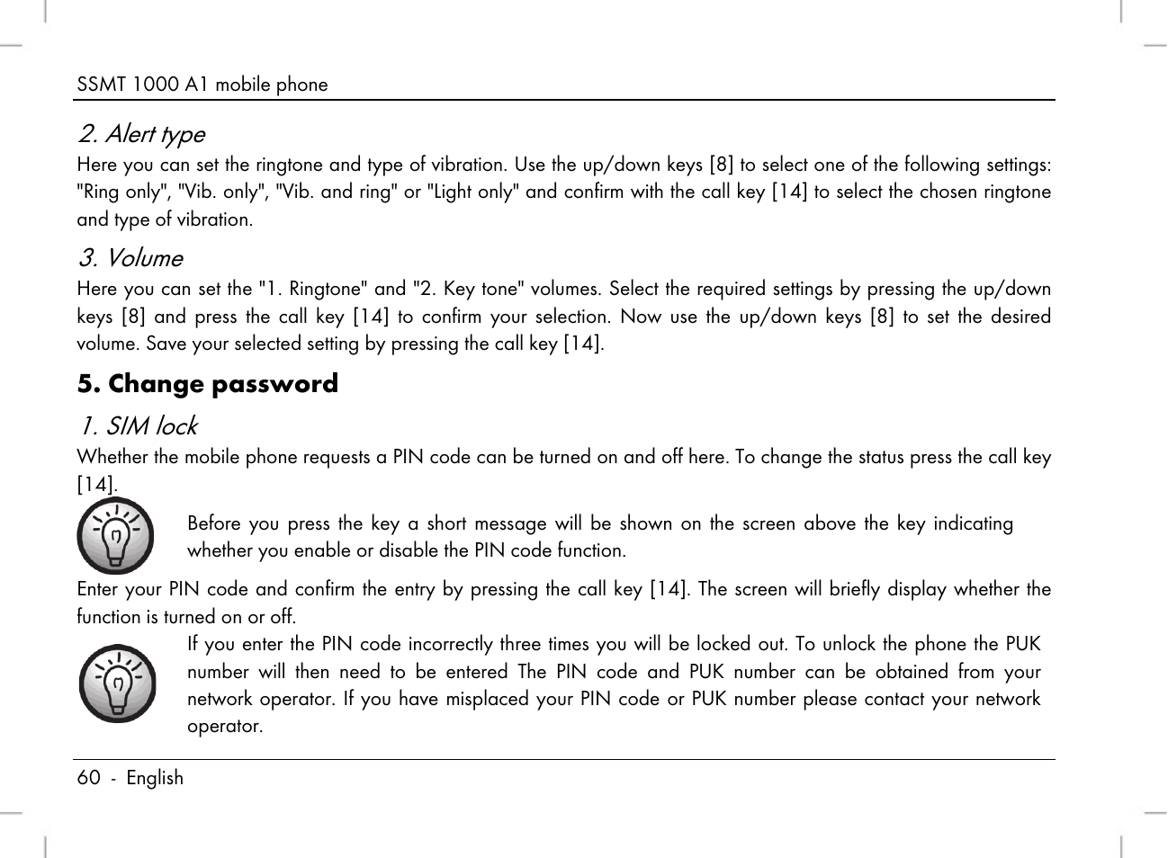 Alert type, Volume, Sim lock | Change password | Silvercrest SSMT 1000 A1 User Manual | Page 62 / 136