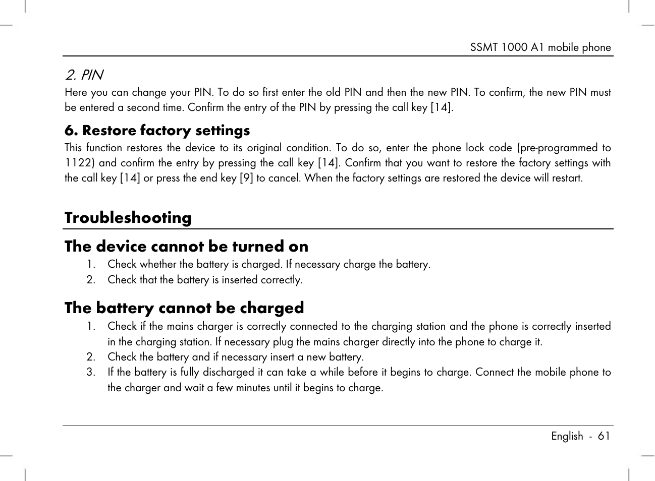 Troubleshooting the device cannot be turned on, The battery cannot be charged, Restore factory settings | Silvercrest SSMT 1000 A1 User Manual | Page 63 / 136