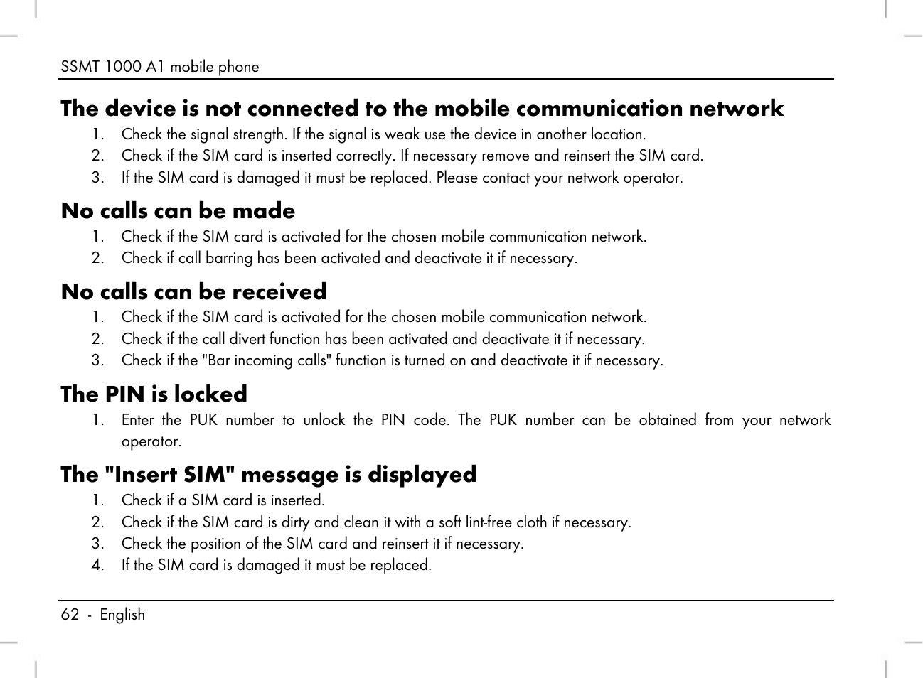 No calls can be made, No calls can be received, The pin is locked | The "insert sim" message is displayed | Silvercrest SSMT 1000 A1 User Manual | Page 64 / 136