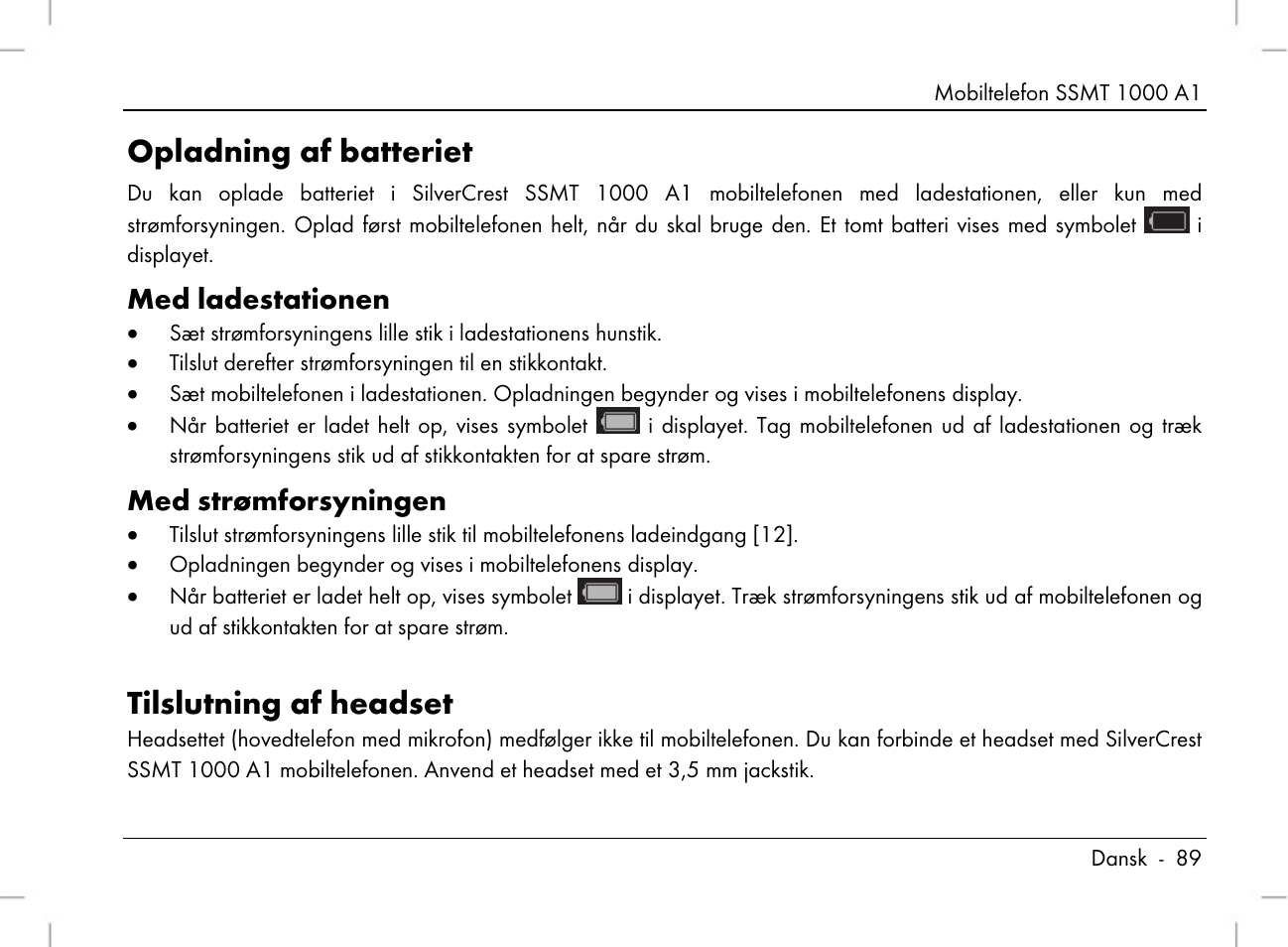 Opladning af batteriet, Tilslutning af headset, Med ladestationen | Med strømforsyningen | Silvercrest SSMT 1000 A1 User Manual | Page 91 / 136