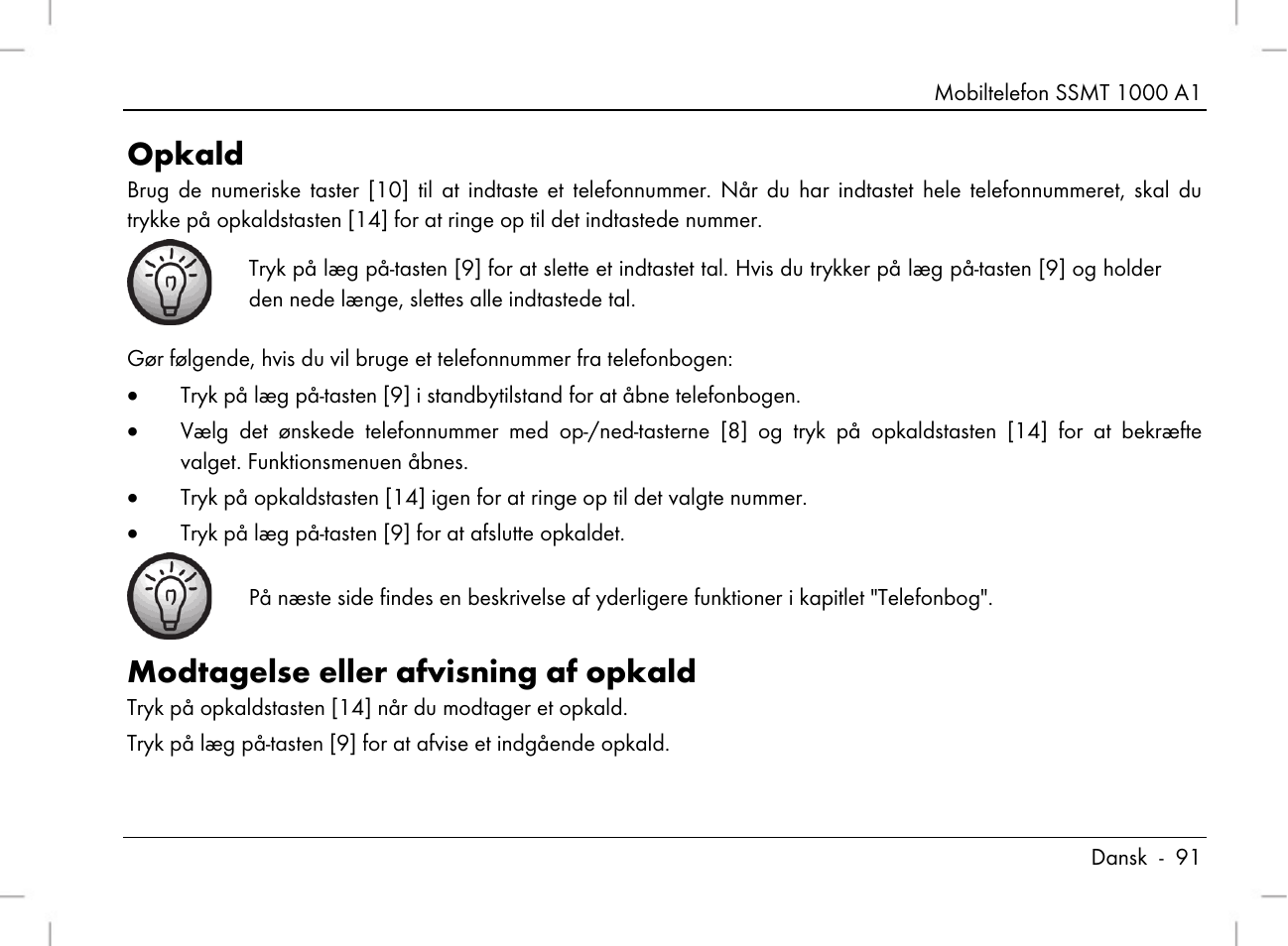 Opkald, Modtagelse eller afvisning af opkald | Silvercrest SSMT 1000 A1 User Manual | Page 93 / 136