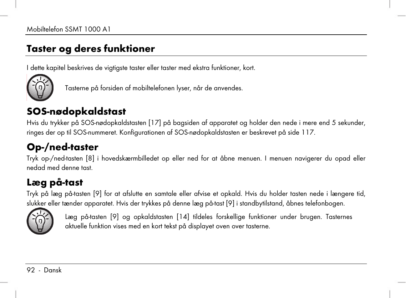 Taster og deres funktioner, Sos-nødopkaldstast, Op-/ned-taster | Læg på-tast | Silvercrest SSMT 1000 A1 User Manual | Page 94 / 136