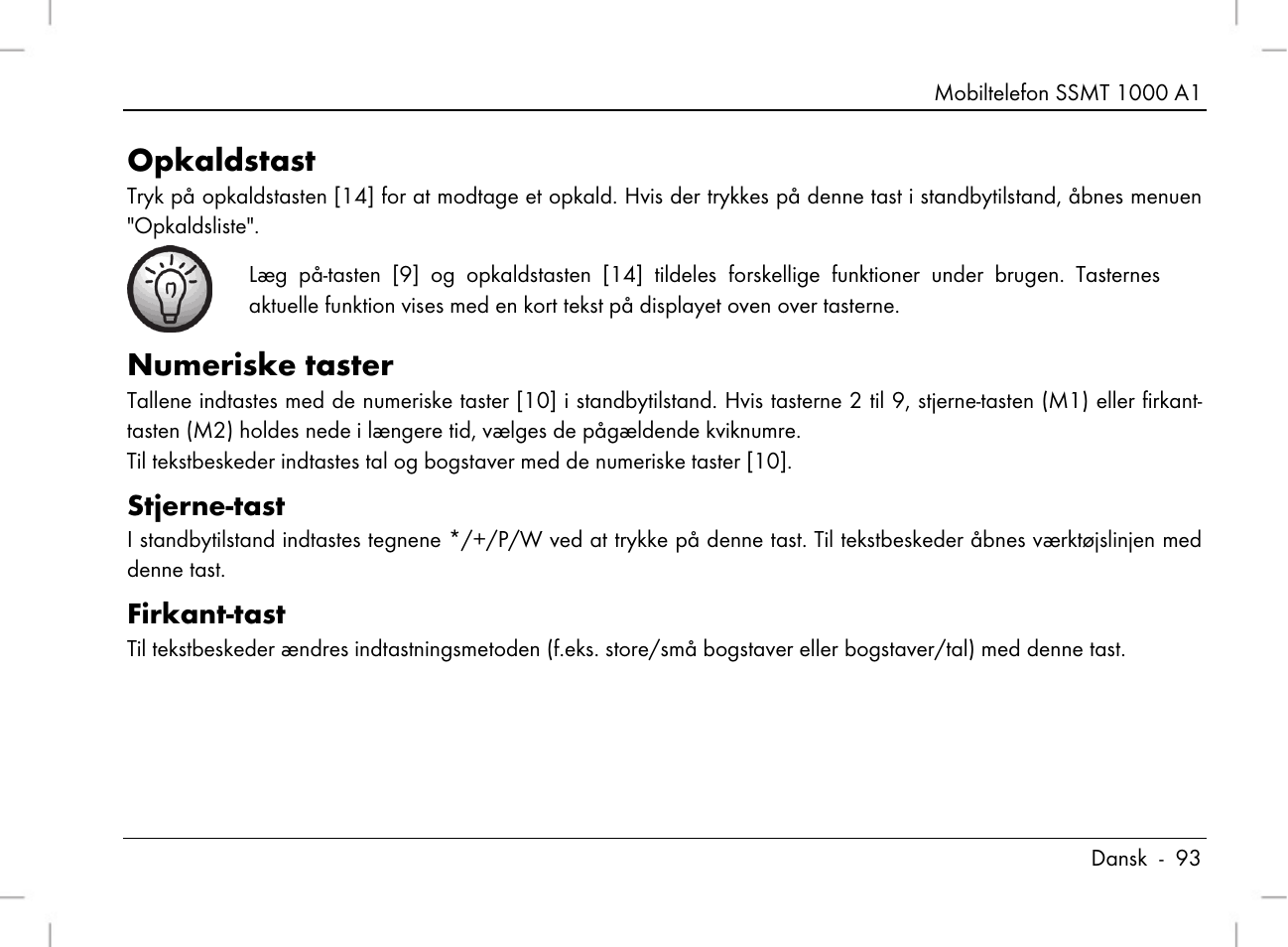 Opkaldstast, Numeriske taster, Stjerne-tast | Firkant-tast | Silvercrest SSMT 1000 A1 User Manual | Page 95 / 136