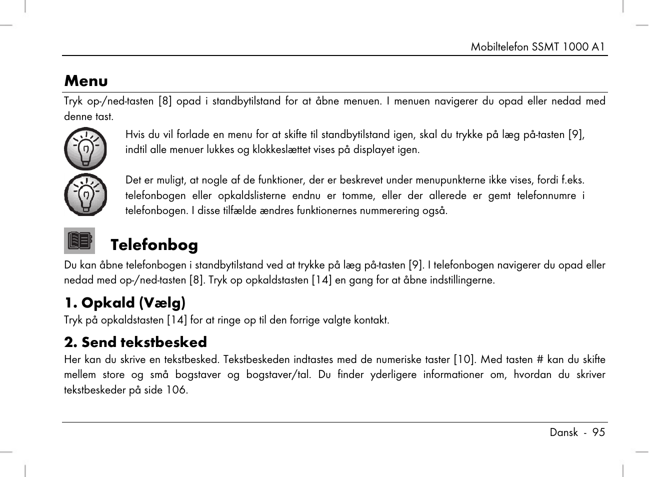 Menu, Telefonbog, Opkald (vælg) | Send tekstbesked | Silvercrest SSMT 1000 A1 User Manual | Page 97 / 136