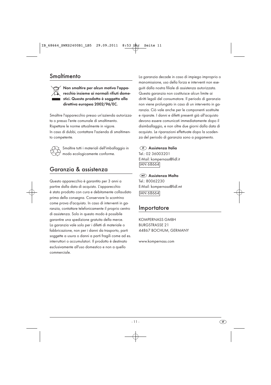 Smaltimento, Garanzia & assistenza, Importatore | Silvercrest SWKS 2400 B1 User Manual | Page 13 / 31