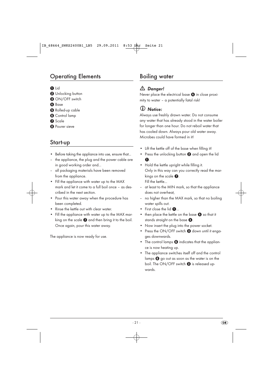 Operating elements, Start-up, Boiling water | Danger, Notice | Silvercrest SWKS 2400 B1 User Manual | Page 23 / 31