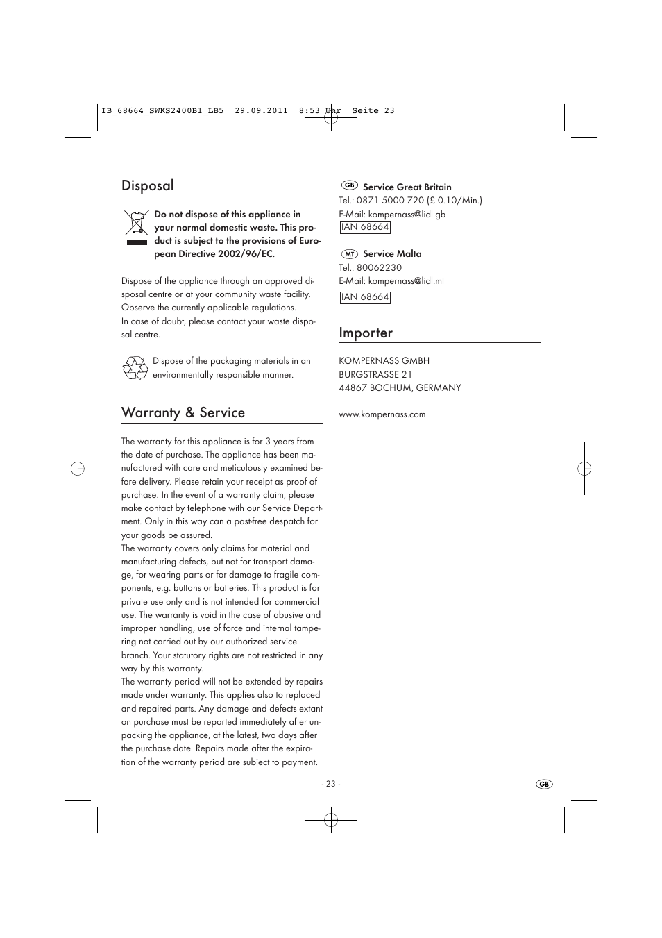 Disposal, Warranty & service, Importer | Silvercrest SWKS 2400 B1 User Manual | Page 25 / 31