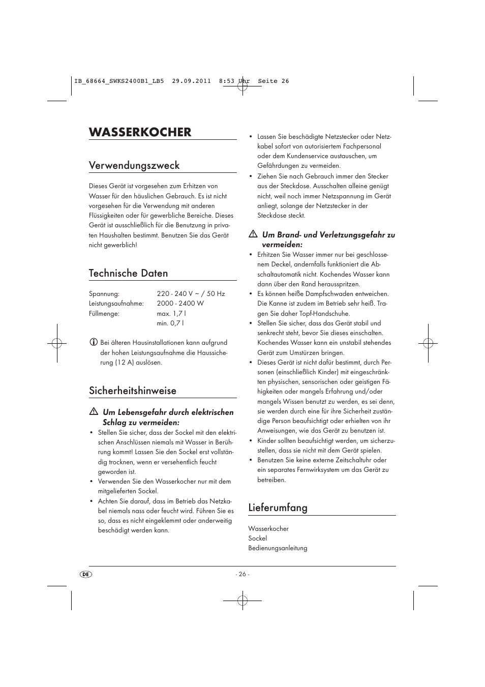 Wasserkocher, Verwendungszweck, Technische daten | Sicherheitshinweise, Lieferumfang | Silvercrest SWKS 2400 B1 User Manual | Page 28 / 31