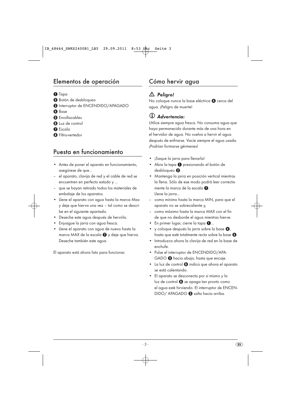 Elementos de operación, Puesta en funcionamiento, Cómo hervir agua | Peligro, Advertencia | Silvercrest SWKS 2400 B1 User Manual | Page 5 / 31
