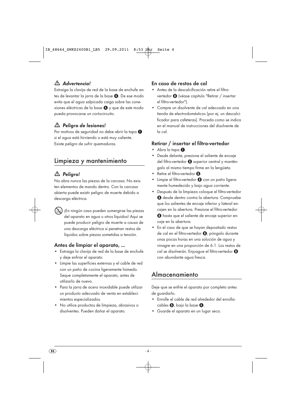 Limpieza y mantenimiento, Almacenamiento | Silvercrest SWKS 2400 B1 User Manual | Page 6 / 31